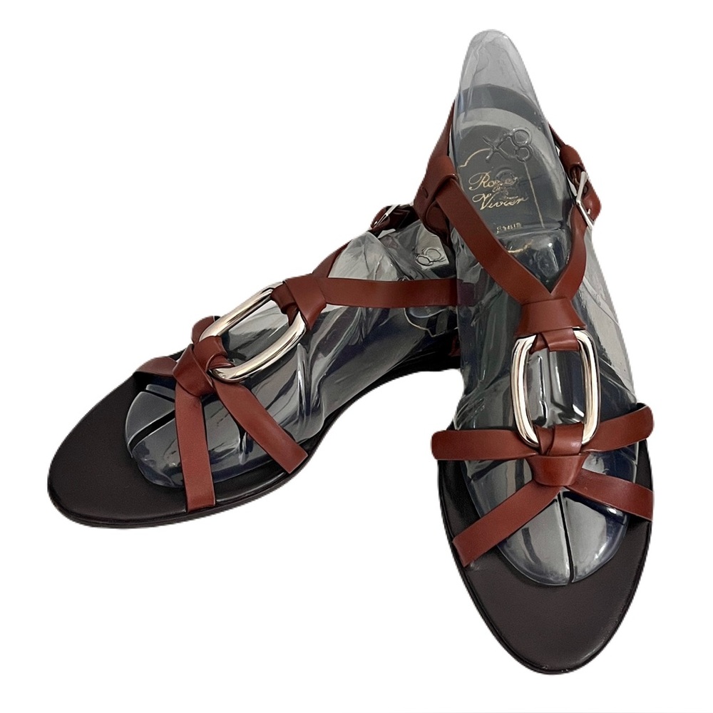 Roger Vivier Brown Leather Strappy Knotted Slingback Sandals, Size 9.5
